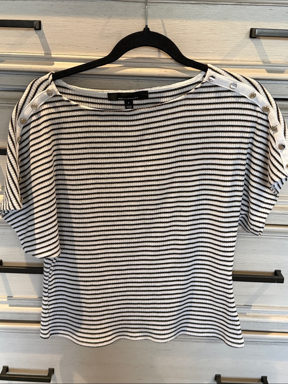 White House Black Market Black & White Striped Button-Shoulder Tee